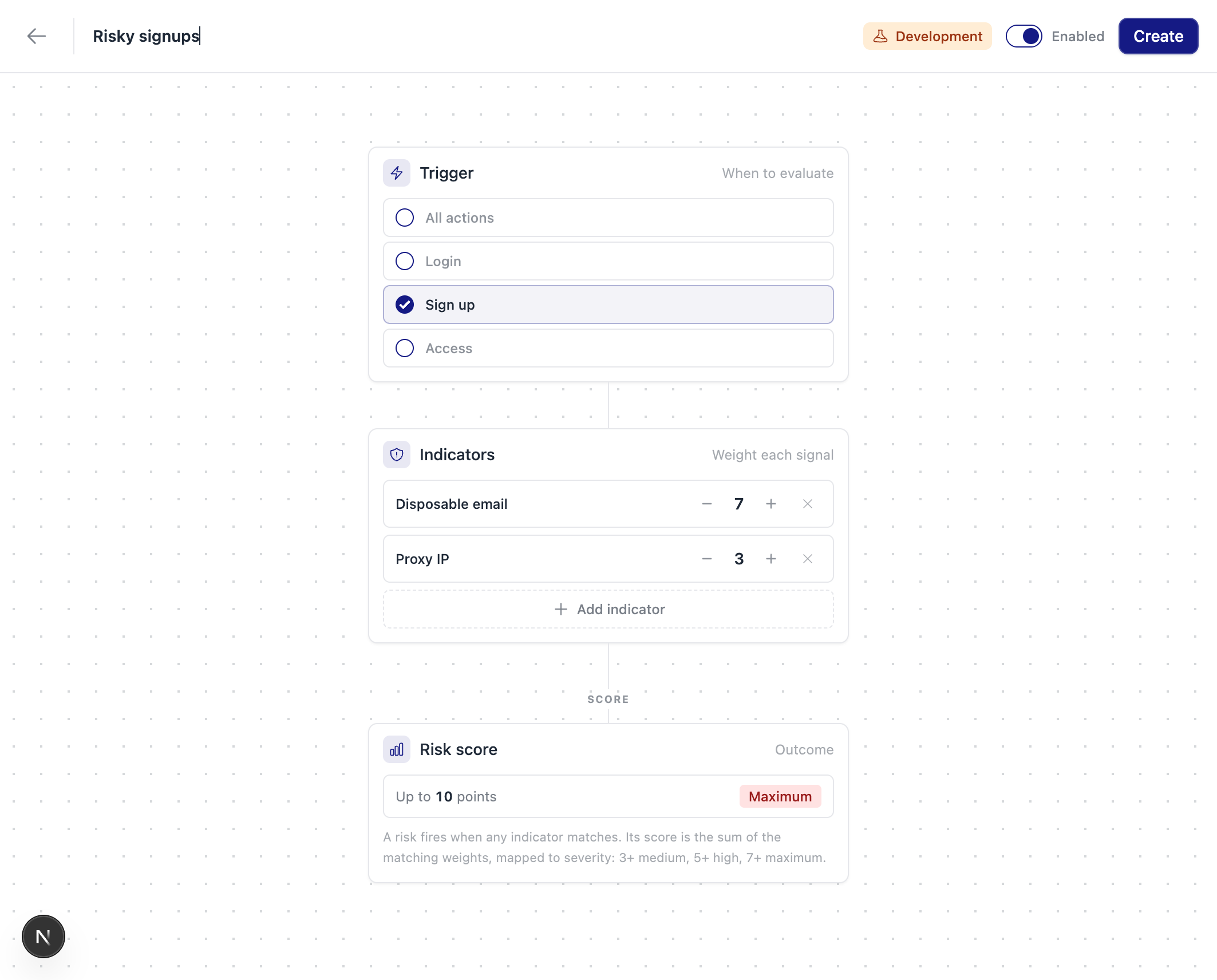 Building a custom risk in the Rupt dashboard, with a trigger, weighted indicators, and a score preview